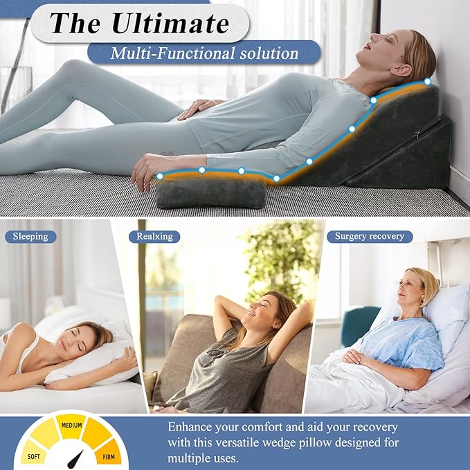 Axelrod Bed Wedge Pillow Set Foam | Adjustable Pillows for Back, Leg and Knee Pain Relief | Post Surgery Ortho Pillow – Anti Snoring, Heartburn, Acid Reflux & GERD Dark Grey - LeafyLoom