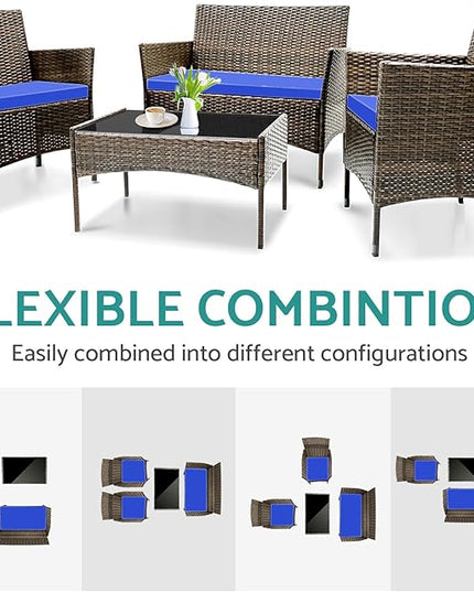 Patio Furniture, 4 Piece Conversation Set, Outdoor Wicker Rattan Table and Chairs, Sectional Sofa with Thick Cushion for Garden, Yard, or Porch, Light Brown - LeafyLoom