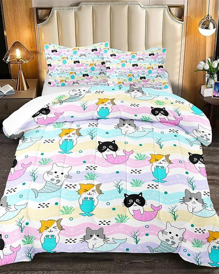 Girls Cat Bedding Set Queen Size - 3Pcs Cute Cartoon Mermaid Tail Cat Patterns Comforter Set for Girls Boys Kids Bedroom Cat Bedding Room Decor for All Season, 1 Comforter 2 Pillow Cases - LeafyLoom