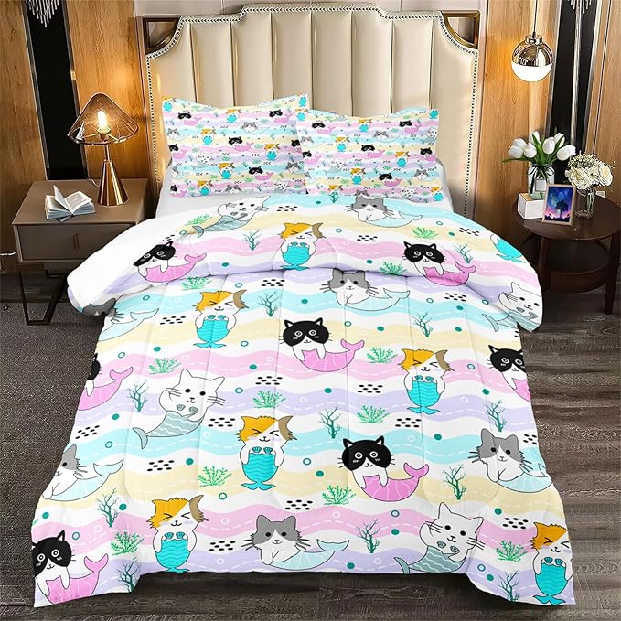 Cartoon Cat Comforter Set for Girls - Full Size Girls Cat Bedding Set for Bedroom Ultra Soft Warm Cute Mermaid Tail Cat Patterns Comforter Set for All-Season, 1 Comforter with 2 Pillowcases - LeafyLoom