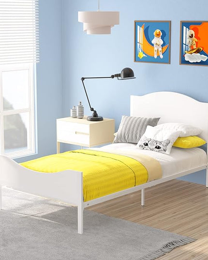 Timy Kids Twin Bed Frame with Wooden Headboard and Footboard, Metal Platform Bed Frame for Boys Girls Teens Adults, Modern Kids Bed Furniture, No Box Spring Needed, White - LeafyLoom