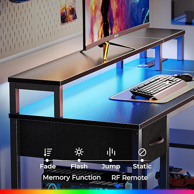 SUPERJARE 47 inch Reversible L Shaped Desk with LED Lights & Power Outlets, Computer Desk with Shelves & Monitor Stand, Gaming Desk with Drawer, Home Office Desk Corner Desk, Carbon Fiber Black - LeafyLoom