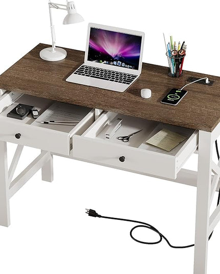 ChooChoo Farmhouse Desk with USB Charging Ports and Power Outlets, 39" Computer Desk with Drawers, Small Study Writing Table with Stable X Frame for Home Office - LeafyLoom