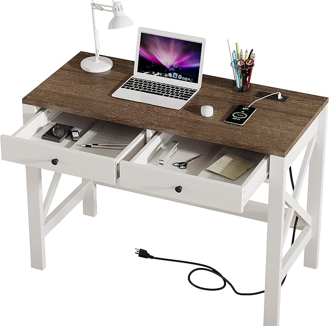 ChooChoo Farmhouse Desk with USB Charging Ports and Power Outlets, 39" Computer Desk with Drawers, Small Study Writing Table with Stable X Frame for Home Office - LeafyLoom