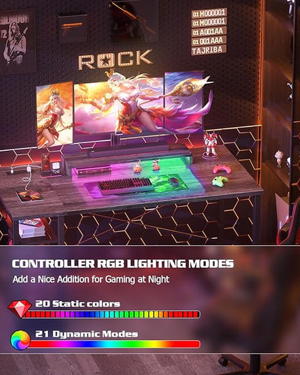 armocity Computer Desk with LED Lights, Gaming Desk with Power Outlet and USB, 40 Reversible Laptop Table with Moveable Monitor Stand, Small Desk for Small Spaces, Office, Gaming Room, Grey - LeafyLoom