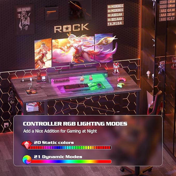 armocity Computer Desk with LED Lights, Gaming Desk with Power Outlet and USB, 40 Reversible Laptop Table with Moveable Monitor Stand, Small Desk for Small Spaces, Office, Gaming Room, Grey - LeafyLoom