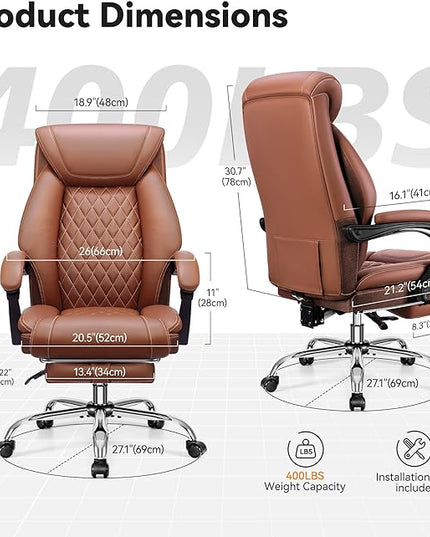 Office Chair, Executive Leather Chair Adjustable High Back, Ergonomic Computer Desk Chair Lumbar Support, Big and Tall Office Chair with Footrest, Comfy Reclining Chair for Home Office - LeafyLoom