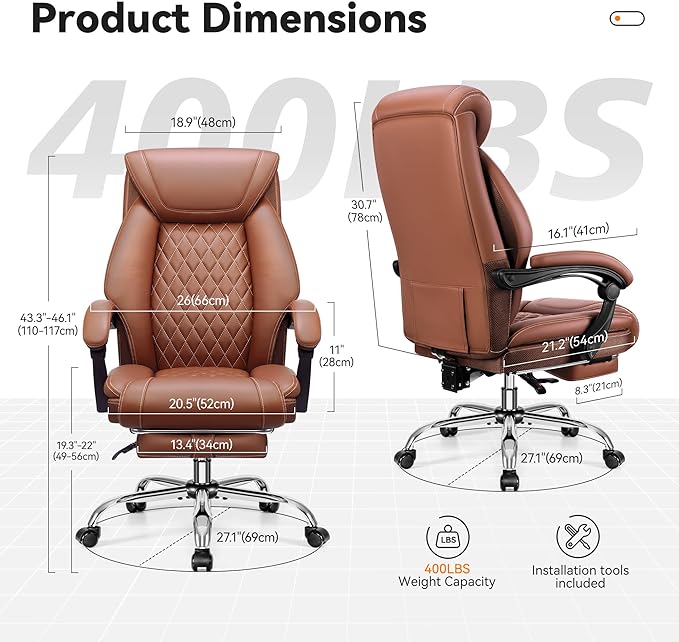 Office Chair, Executive Leather Chair Adjustable High Back, Ergonomic Computer Desk Chair Lumbar Support, Big and Tall Office Chair with Footrest, Comfy Reclining Chair for Home Office - LeafyLoom