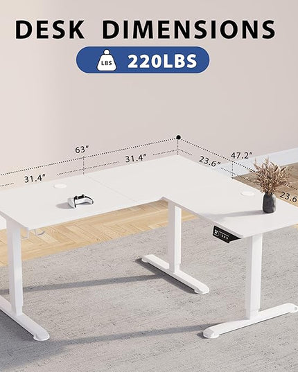 L-Shaped Electric Standing Desk, 63 x 48 Inches Height Adjustable Coner Table, Home Office Computer Workstation, White, 63 x 48 Inch - LeafyLoom