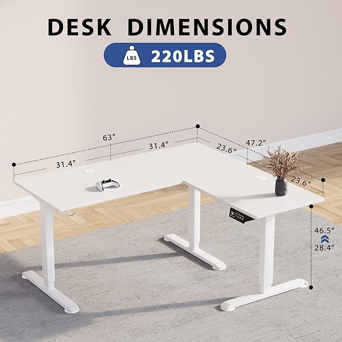 L-Shaped Electric Standing Desk, 63 x 48 Inches Height Adjustable Coner Table, Home Office Computer Workstation, White, 63 x 48 Inch - LeafyLoom