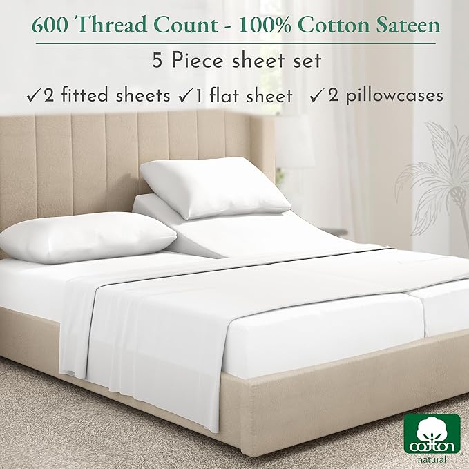 California Design Den Split King Sheet Set - 100% Cotton, 600 Thread Count, Breathable Luxury King Size Sheets for Adjustable Bed, Luxury Soft Hotel-Quality Sheets with Sateen Weave - Bright White - LeafyLoom