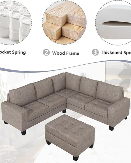 85" L-Shape Sectional Corner Sofa with Storage Ottoman, Modern Linen Upholstered Couch w/Convenient Cup Holder, for Living Room, Apartment, 85 Inch, Brown - LeafyLoom