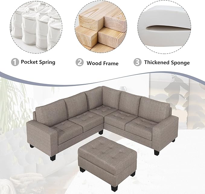 85" L-Shape Sectional Corner Sofa with Storage Ottoman, Modern Linen Upholstered Couch w/Convenient Cup Holder, for Living Room, Apartment, 85 Inch, Brown - LeafyLoom