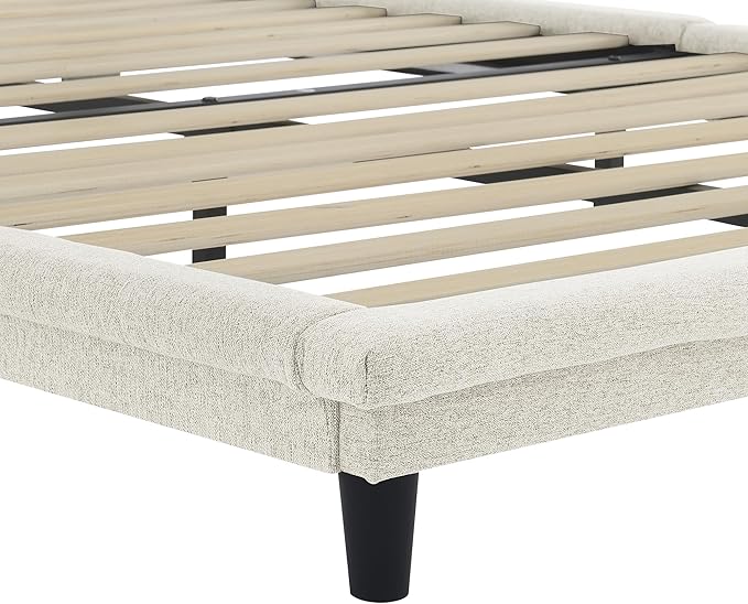 Full Size Linen Upholstered Bed with Light Stripe,Floating Platform Beds,w/Headboard and Wooden Slats Support,for Apartment,Bedroom,Living Room,Easy Assembly,Beige - LeafyLoom