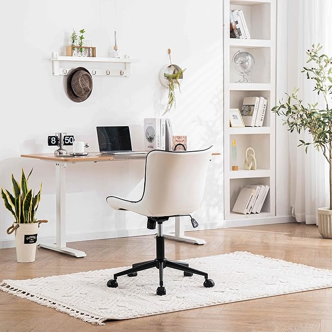 YOUNIKE White Office Chair Swivel Leather Desk Chair, Upholstered Adjustable Computer Task Chair with Wheels, Modern Armless Rolling Gaming Chair Mid Back - LeafyLoom
