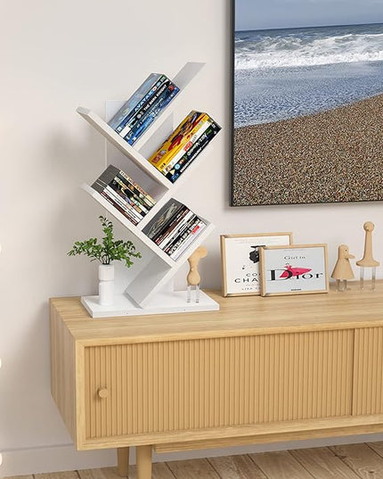 Topfurny Tree Bookshelf, 4-Tier Book Storage Organizer Shelves Floor Standing Bookcase, Wood Storage Rack for Office Home School Shelf Display for Cd/Magazine/Book -White - LeafyLoom