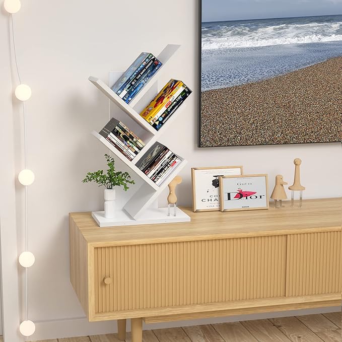 Topfurny Tree Bookshelf, 4-Tier Book Storage Organizer Shelves Floor Standing Bookcase, Wood Storage Rack for Office Home School Shelf Display for Cd/Magazine/Book -White - LeafyLoom