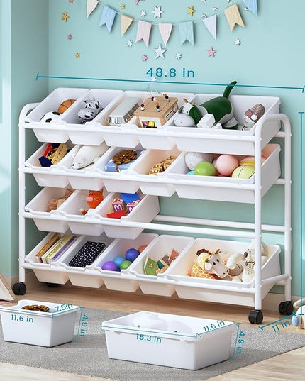 Kids Toy Storage Organizer with 20 Plastic Bins, 4-Tier Metal Toy Storage Rack, Extra Large Toy Organizer and Storage Bins for Kids Room, Playroom and Nursery, White - LeafyLoom