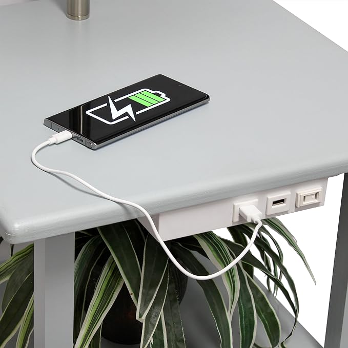 Simple Designs LF2016-GRY 57" Modern 2 Tier End Table Floor Lamp Combination with 2 x USB Charging Ports & Power Outlet with White Drum Fabric Shade for Bedroom, Living Room, Office, Gray - LeafyLoom