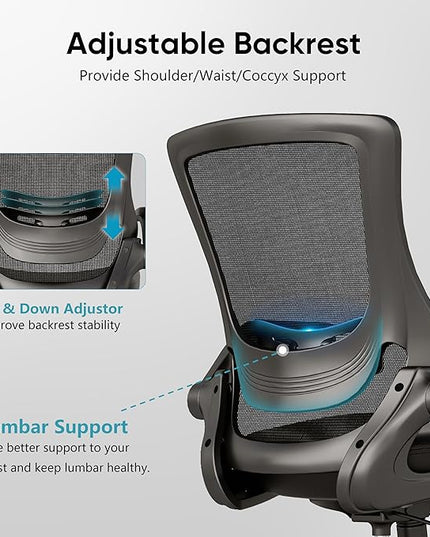 T29 Ergonomic Office Chair, Comfy Computer Desk Chair, Mesh Back Home Office Chair with PU Leather Padded, Adjustable Lumbar Support, Flip-up Arms,Swivel Wheels,Work Task Chair for Long Hours - LeafyLoom