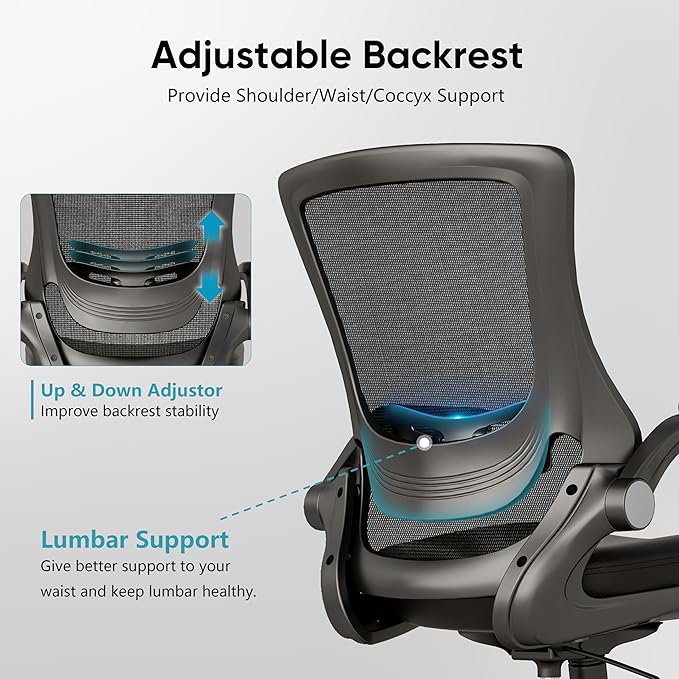 T29 Ergonomic Office Chair, Comfy Computer Desk Chair, Mesh Back Home Office Chair with PU Leather Padded, Adjustable Lumbar Support, Flip-up Arms,Swivel Wheels,Work Task Chair for Long Hours - LeafyLoom