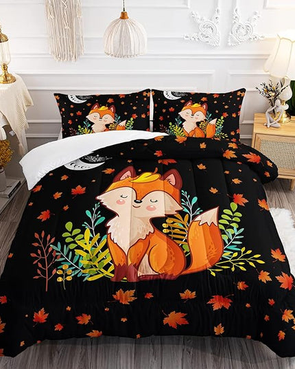 Cartoon Fox Comforter Set 3-Pieces Cute Fox Bedding Set Moon Plants Leaves Printed Quilt Set for Kids Boys Girls with 2 Pillowcases Twin - LeafyLoom