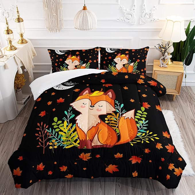 Cartoon Fox Comforter Set 3-Pieces Cute Fox Bedding Set Moon Plants Leaves Printed Quilt Set for Kids Boys Girls with 2 Pillowcases Queen - LeafyLoom