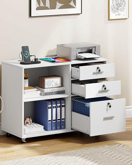 YITAHOME File Cabinet with Lock, 3 Drawer Filing Cabinet with Charging Station, Printer Stand with Storage, Office Pedestal Files for Hanging Files Letter/Legal/A4, White - LeafyLoom