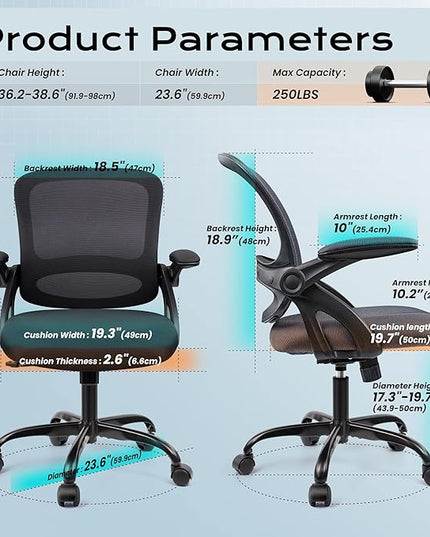 KERDOM Office Chair, Ergonomic Desk Chair, Mesh Computer Chair Height Adjustable, Comfy Swivel Task Chair with Wheels and Flip-up Arms - LeafyLoom