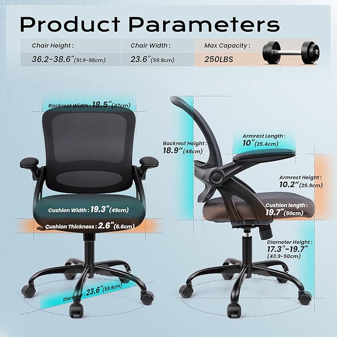 KERDOM Office Chair, Ergonomic Desk Chair, Mesh Computer Chair Height Adjustable, Comfy Swivel Task Chair with Wheels and Flip-up Arms - LeafyLoom