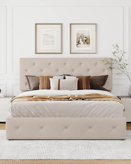 Queen Upholstered Platform Hydraulic System, Lift Up Storage Bed Full Size with Headboard and Button Tufted, Wooden Bedframe for Teens Adults, Beige - LeafyLoom