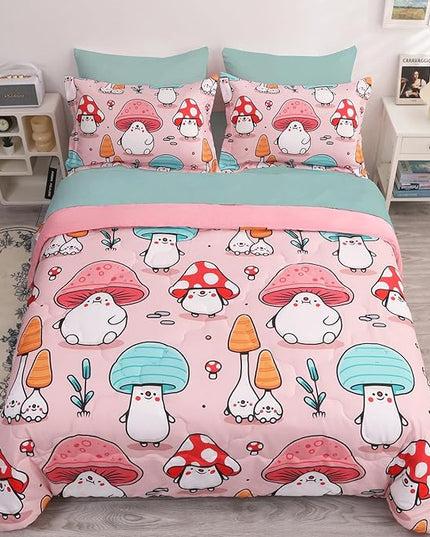 Wajade Kids Cute Mushroom Comforter Set Bed in A Bag Full Size 7 Piece Pink Cartoon Mushroom Head Bedding Set for Girls (1 Comforter, 1 Flat Sheet, 1 Fitted Sheet, 2 Pillowcase and 2 Pillow Sham) - LeafyLoom
