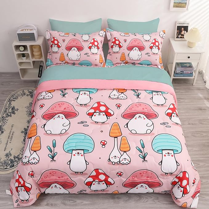 Wajade Kids Cute Mushroom Comforter Set Bed in A Bag Full Size 7 Piece Pink Cartoon Mushroom Head Bedding Set for Girls (1 Comforter, 1 Flat Sheet, 1 Fitted Sheet, 2 Pillowcase and 2 Pillow Sham) - LeafyLoom