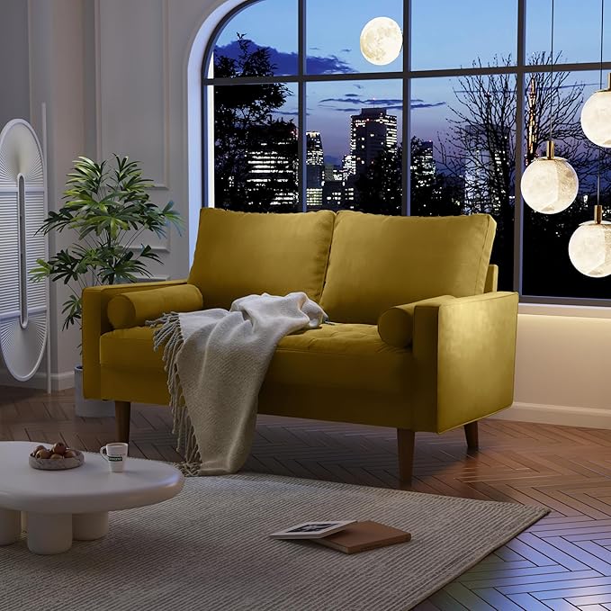 Velvet Furniture for Small Spaces, Mid-Century Modern Loveseats for Living Room, Love Seat Couch Sofas, 58 Inches, Goldenrod - LeafyLoom
