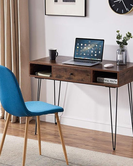 VECELO 39.3" Home Office Work Table with Drawers Computer Desk Writing/Study, 39 Inch Hairpin Legs, Retro Brown - LeafyLoom