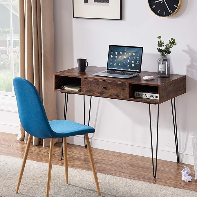 VECELO 39.3" Home Office Work Table with Drawers Computer Desk Writing/Study, 39 Inch Hairpin Legs, Retro Brown - LeafyLoom