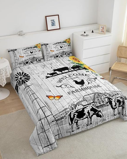 Farmhouse Windmill Comforter Set Full Size Rustic Farm Barn Door Bedding Comforter Sets for Cowboy Cowgirl, Vintage Western Cow Gifts Bedding Room Decor Butterfly Sunflowers Wooden Plank Duvet Insert - LeafyLoom