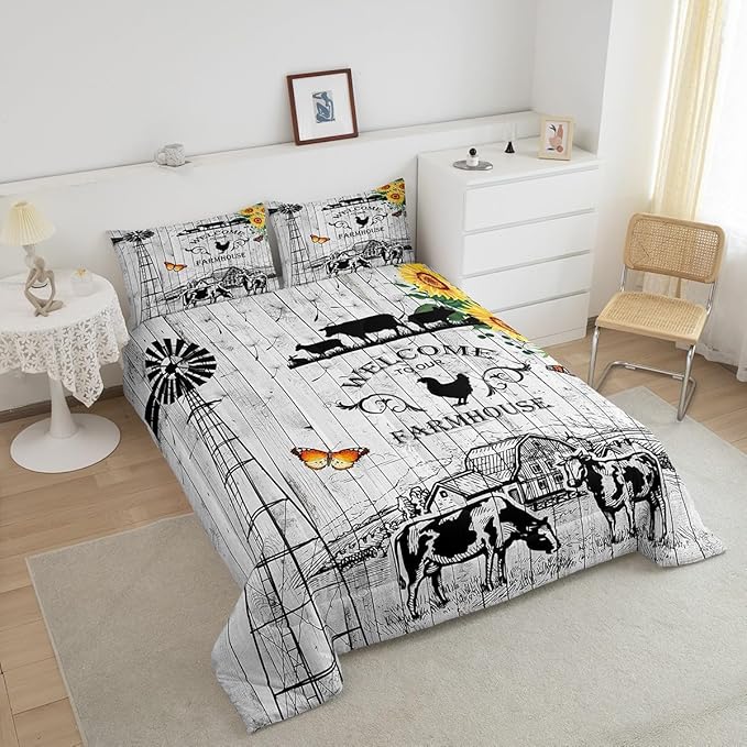 Farmhouse Windmill Comforter Set Full Size Rustic Farm Barn Door Bedding Comforter Sets for Cowboy Cowgirl, Vintage Western Cow Gifts Bedding Room Decor Butterfly Sunflowers Wooden Plank Duvet Insert - LeafyLoom