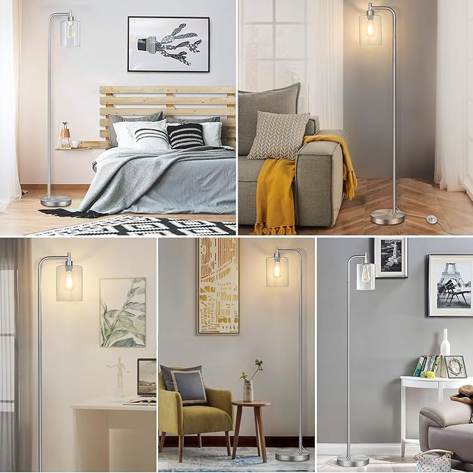 MAXvolador Industrial Floor Lamp, Modern Standing Lamp with Hanging Clear Glass Shade, Classic Reading Tall Pole Light for Living Room, Brushed Nickel - LeafyLoom