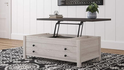 Signature Design by Ashley Dorrinson Farmhouse Lift Top Coffee Table with Storage, Antique White & Brown - LeafyLoom