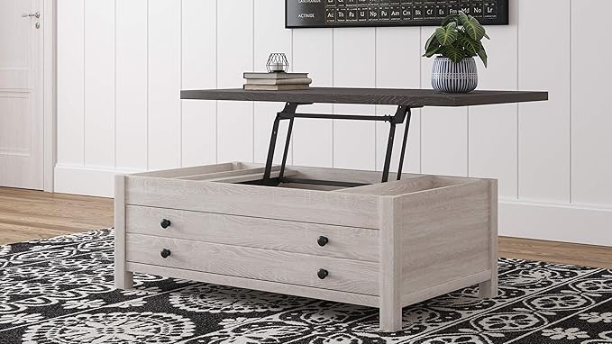 Signature Design by Ashley Dorrinson Farmhouse Lift Top Coffee Table with Storage, Antique White & Brown - LeafyLoom