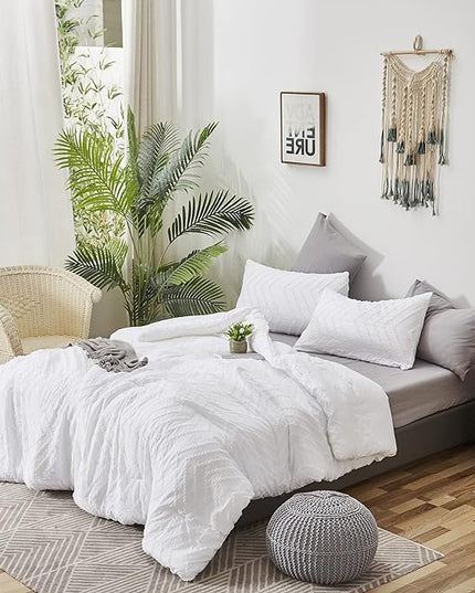 Wellboo White Tufted Jacquard Boho Comforter Set Queen Size White Bedding Set Shabby Chic All Season Bed Quilt Women Men White Farmhouse Embroidery Blanket Soft Adult Broken Line Wave Geometry Bed - LeafyLoom