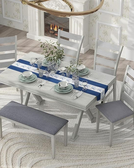 Merax (White Table Set with Unique Legs and 4 Upholstered Chairs & 1 Bench, 6-Piece L Rectangular - LeafyLoom
