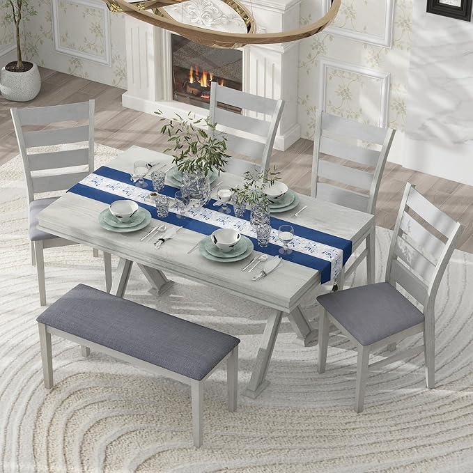 Merax (White Table Set with Unique Legs and 4 Upholstered Chairs & 1 Bench, 6-Piece L Rectangular - LeafyLoom