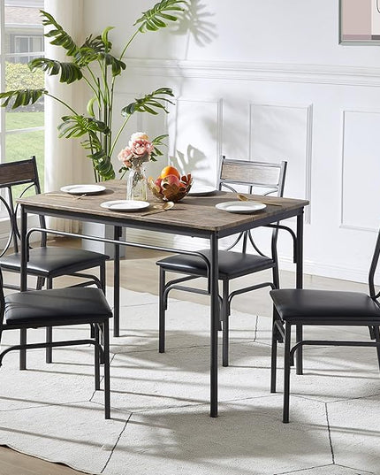 VECELO Kitchen Dining Room Table 4 Chairs for Small Space, Apartment,Metal Steel Frame, 5-Piece Set, Dark Brown - LeafyLoom