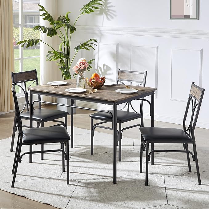 VECELO Kitchen Dining Room Table 4 Chairs for Small Space, Apartment,Metal Steel Frame, 5-Piece Set, Dark Brown - LeafyLoom
