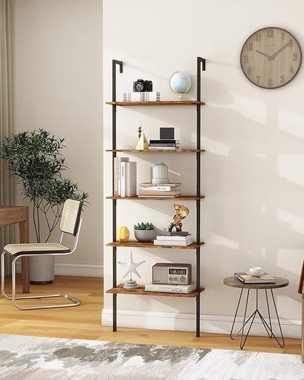 Panana Industrial 5 Tier Ladder Shelf, Open Space Book Shelf Wall Mount Bookshelf with Metal Frame Sturdy Bookcase for Living Room (Brown, 5 Tier) - LeafyLoom