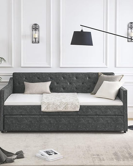 Upholstered Twin Size Daybed with Twin Trundle, Solid Wood Sofa Bed w/Button Tufted Backrest and Waved Shape Arms, for Kids, Living Room, Bedroom, Dorm, No Box Spring Needed, Grey - LeafyLoom