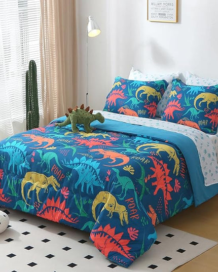 Wajade Boys Dinosaur Comforter Set Bed in A Bag Queen Size 7 Piece 3D Blue Dinosaur Print Bedding Set for Kids Teens(1 Comforter, 1 Flat Sheet, 1 Fitted Sheet, 2 Pillowcase and 2 Pillow Sham) - LeafyLoom