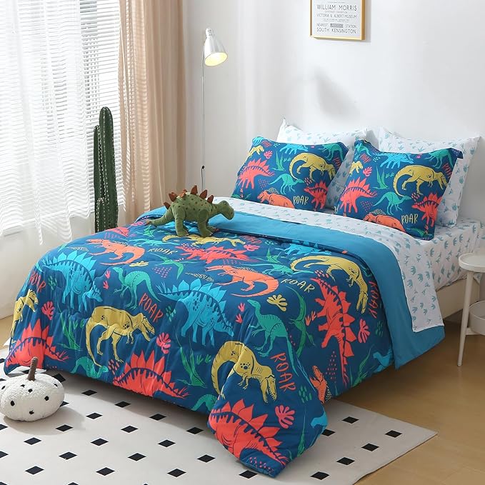 Wajade Boys Dinosaur Comforter Set Bed in A Bag Queen Size 7 Piece 3D Blue Dinosaur Print Bedding Set for Kids Teens(1 Comforter, 1 Flat Sheet, 1 Fitted Sheet, 2 Pillowcase and 2 Pillow Sham) - LeafyLoom